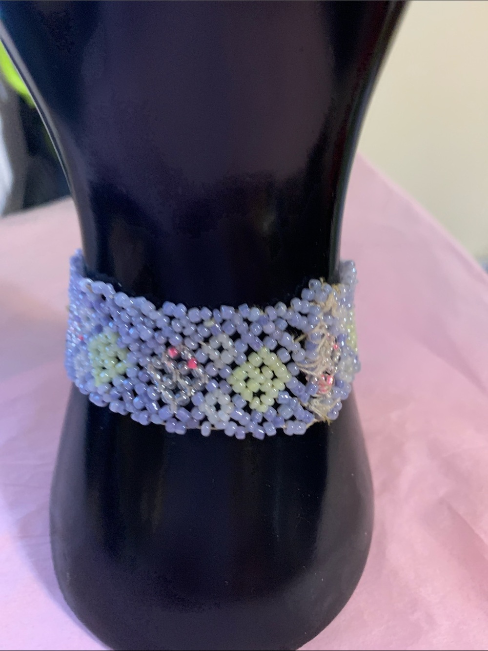 Handmade Lavender Beaded Bracelet with Green Accent